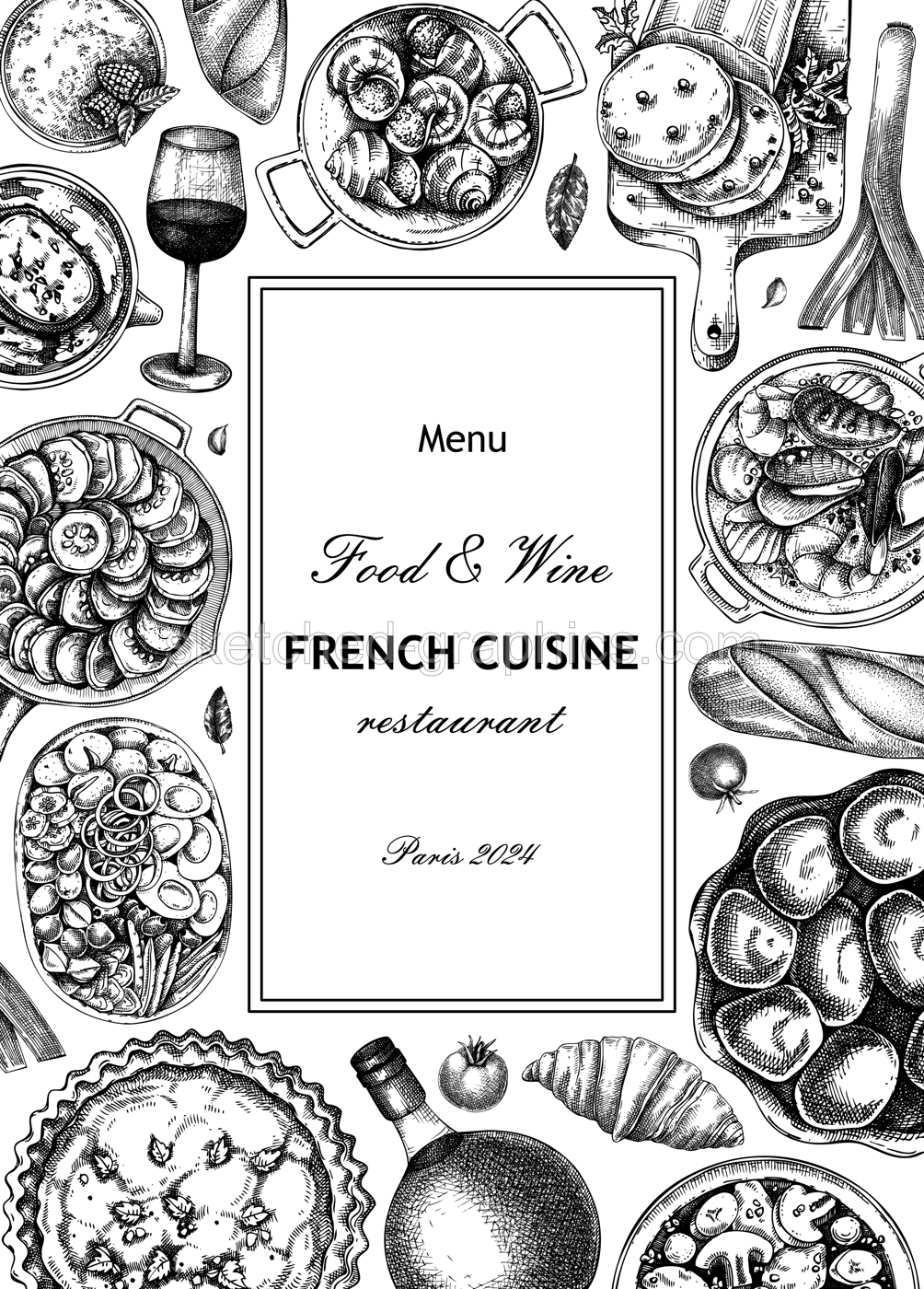 French food frame design. Vintage food and wine sketches. European restaurant menu template. France background. Hand-drawn vector illustration, NOT AI generated Illustration
